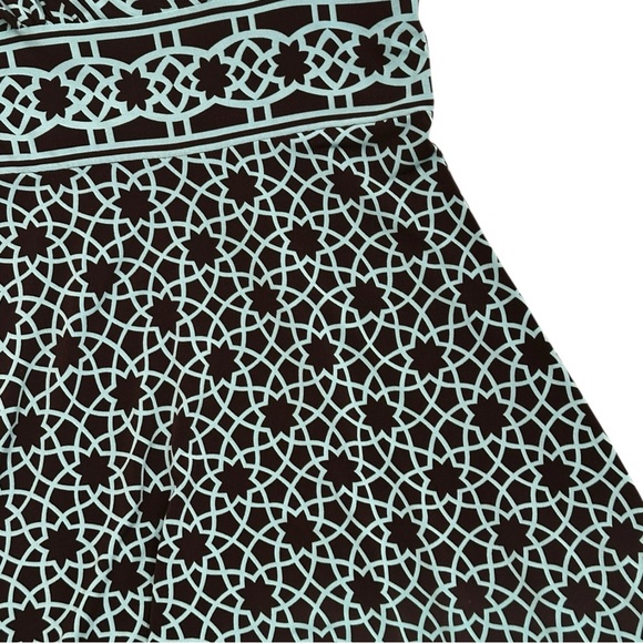 Maggy London Dark Brown & Aqua Print V-neck Midi Dress - Picture 3 of 5